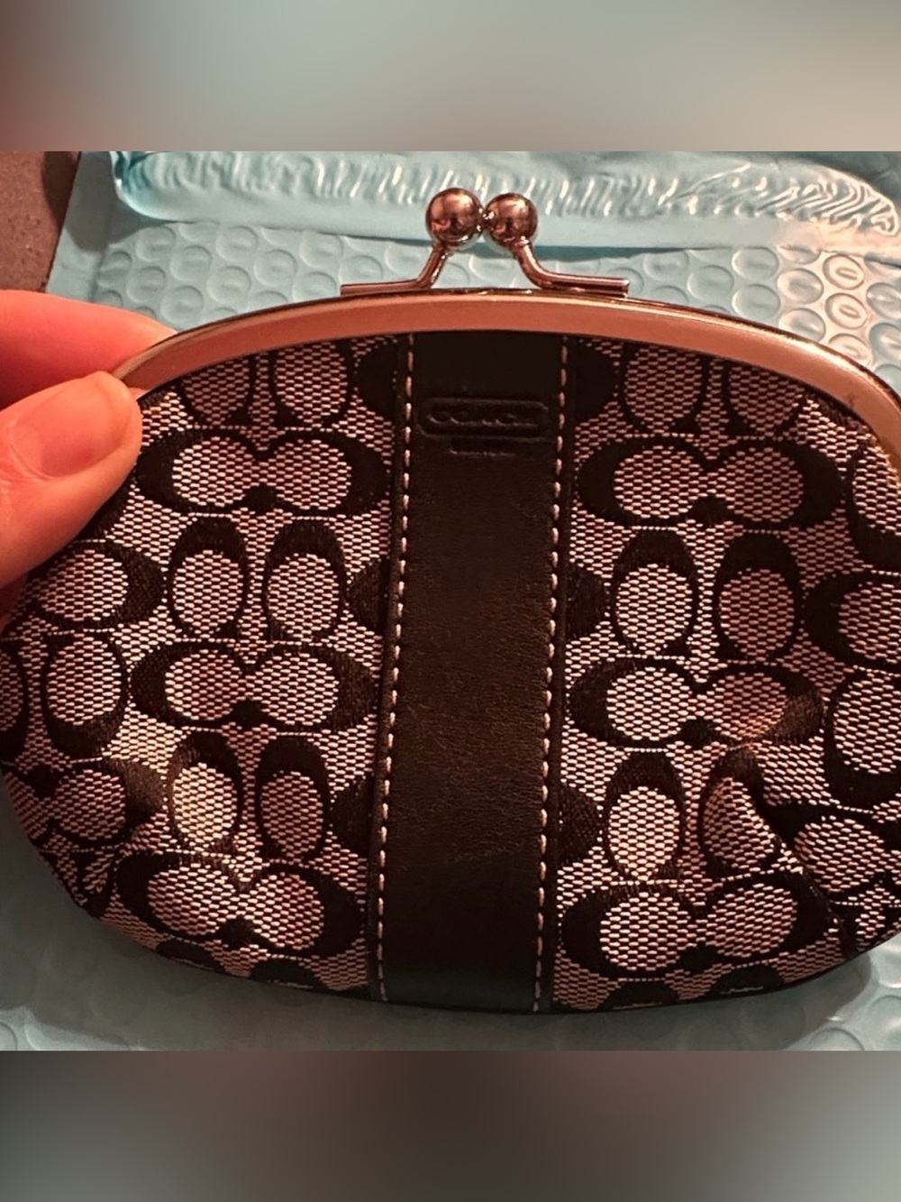 Coach Mini Signature Kiss-lock Coin Purse in black canvas with leather trim
